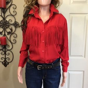 Red fringe western button down blouse